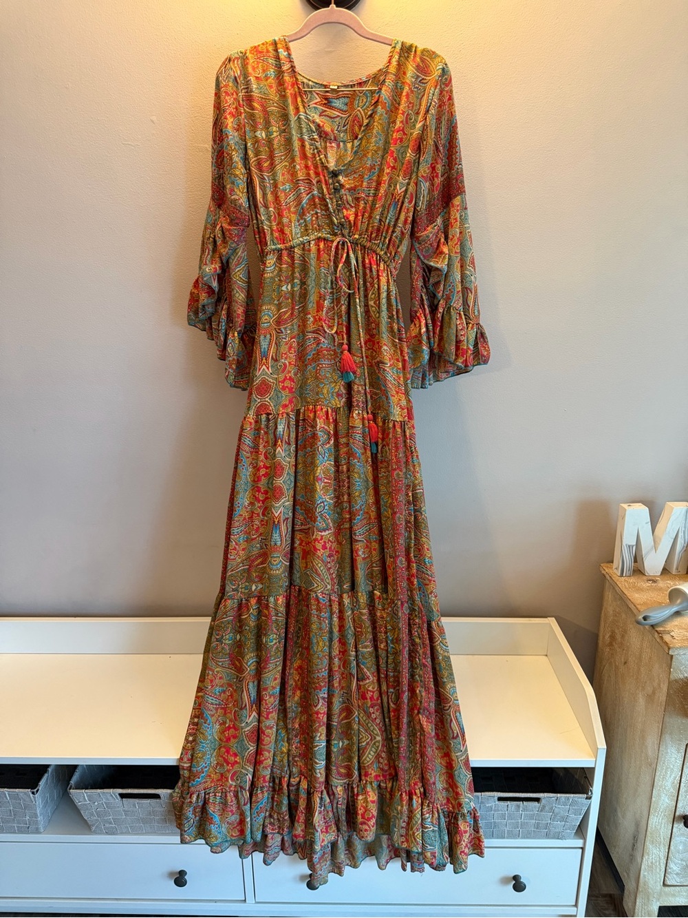 Via Della Cisternola Paisley Silk Blend Tasseled Tiered Maxi Dress One Size Rome